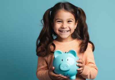 Young girl with pigtails, smiling while holding ceramic piggy bank