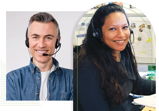 Two images of both a man and female customer service reps