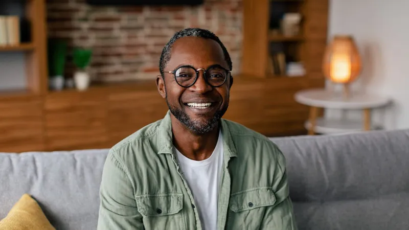 A man smiles while sitting on a comfortable couch.