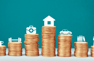 stack of coins with icons sitting on the coins, coffee, exercise, first aid kit, house, car, books, food