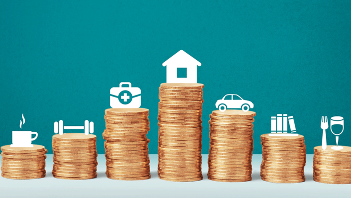 stack of coins with icons sitting on the coins, coffee, exercise, first aid kit, house, car, books, food