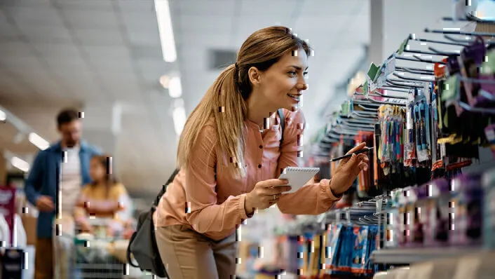 A woman shops for school supplies.