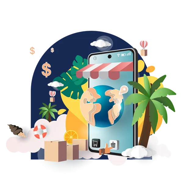 Illustration of phone and tropical elements