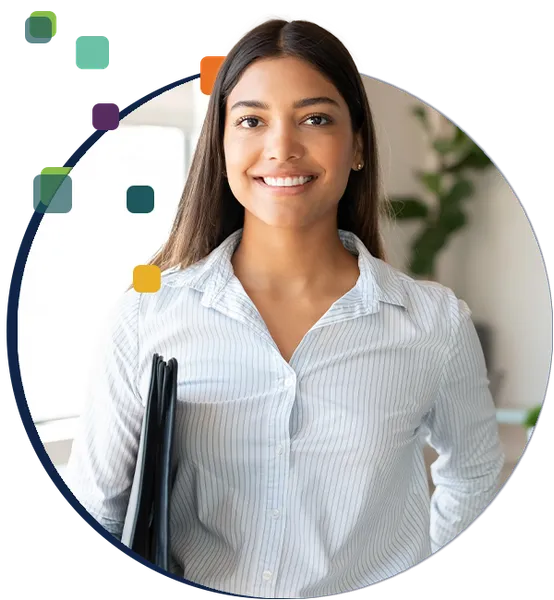 A young Latin woman in white blouse carrying a portfolio.