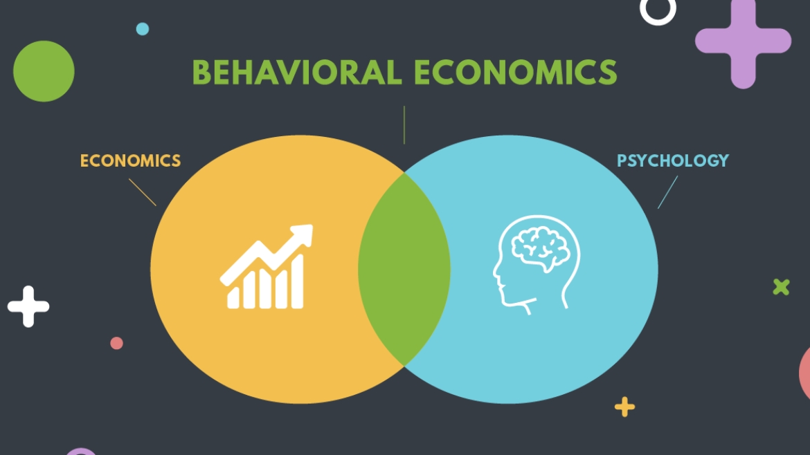 Behavioral Economics graphic image of Venn Diagram graph chart right side, profile of head outline with brain