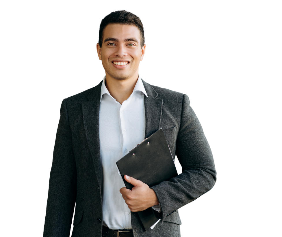 Latin man wearing a white shirt with dark gray blazer holding a clipboard