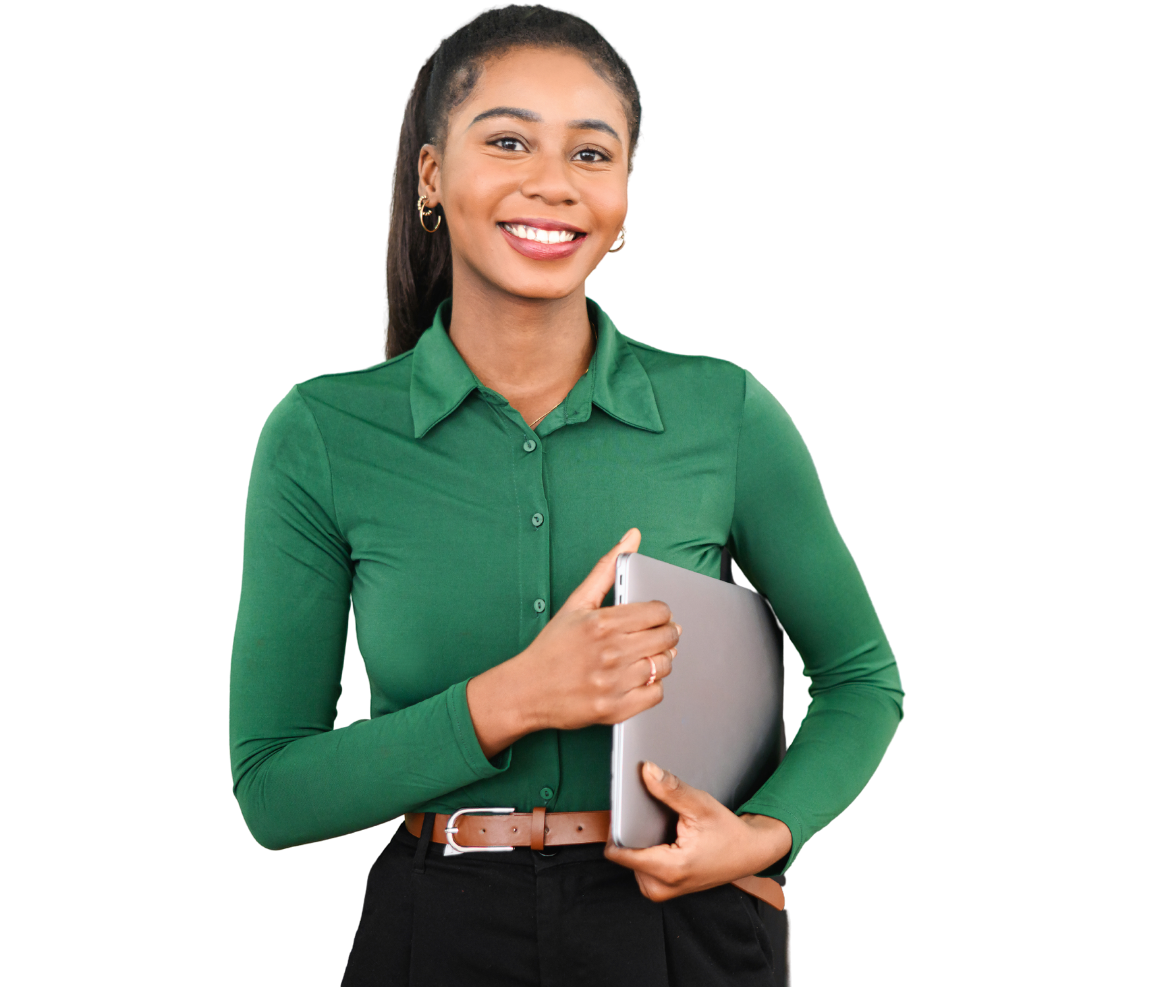 Black woman wearing a green blouse with black trousers holding a laptop